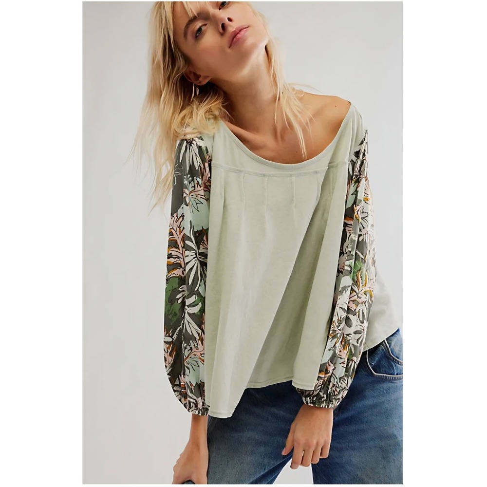 Free People Piking Petals Mint Green Floral Boho Resort Oversized BlouseTop XSP